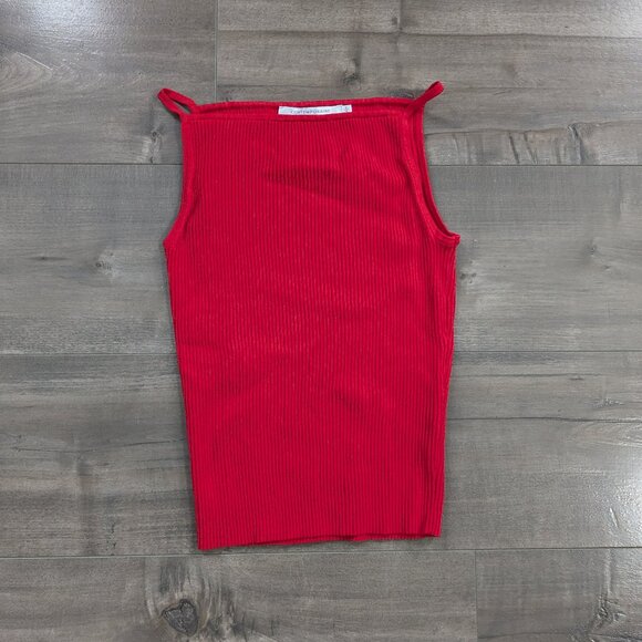 Red Tank Top with 90s Style Square Halter Neck with Spaghetti Straps - Picture 2 of 6